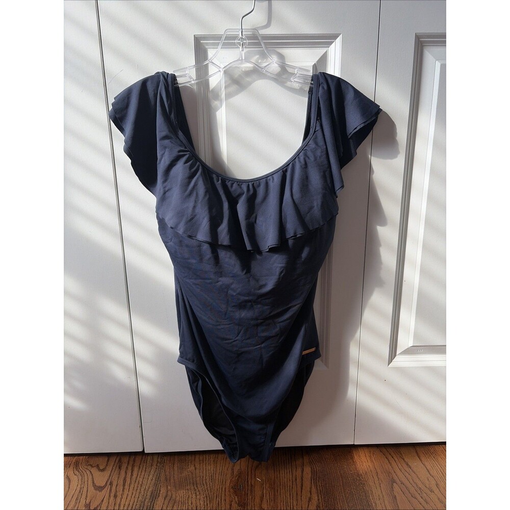 Michael Kors Swimsuit Womens Size 12 Navy Ruffle One Piece Maillot Classic